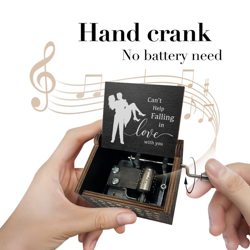Hcaredee Cant Help Falling in Love Music Box for Lover Girlfriend Boyfriend Wife Husband Hand Crank Engraved Wooden Musical Boxes Gifts for Birthday Anniversary Valentine's Day Black - Image 2